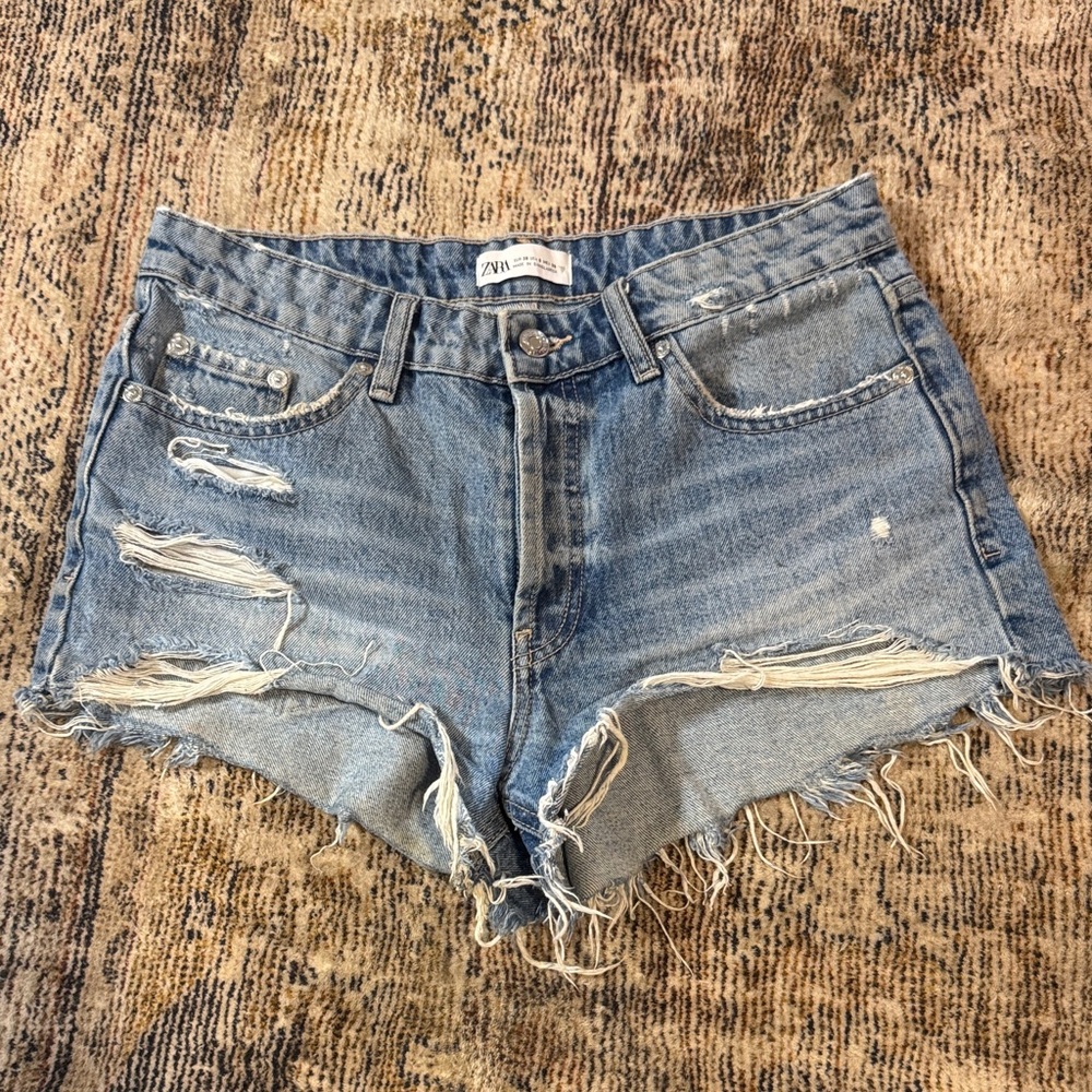 Zara Blue Jean Shorts Distressed Raw Hem
